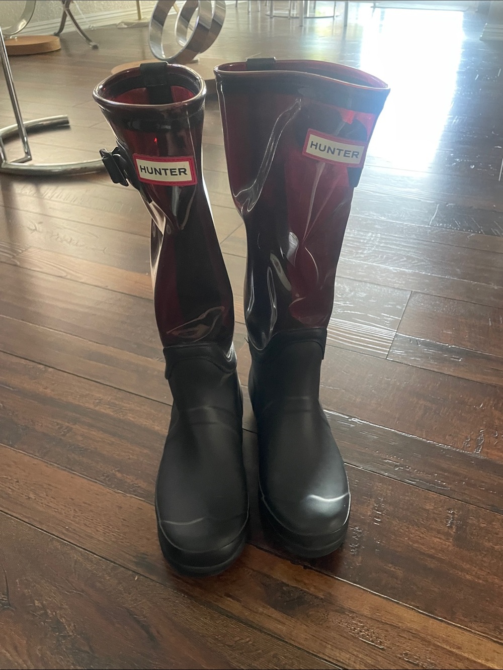 Hunter women’s  Black and Burgundy Glass Tall Rain Boots